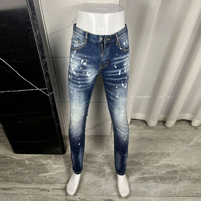 

Street Fashion Men Jeans Retro Blue High Quality Elastic Slim Fit Ripped Jeans Men Painted Designer Hip Hop Brand Pants Hombre