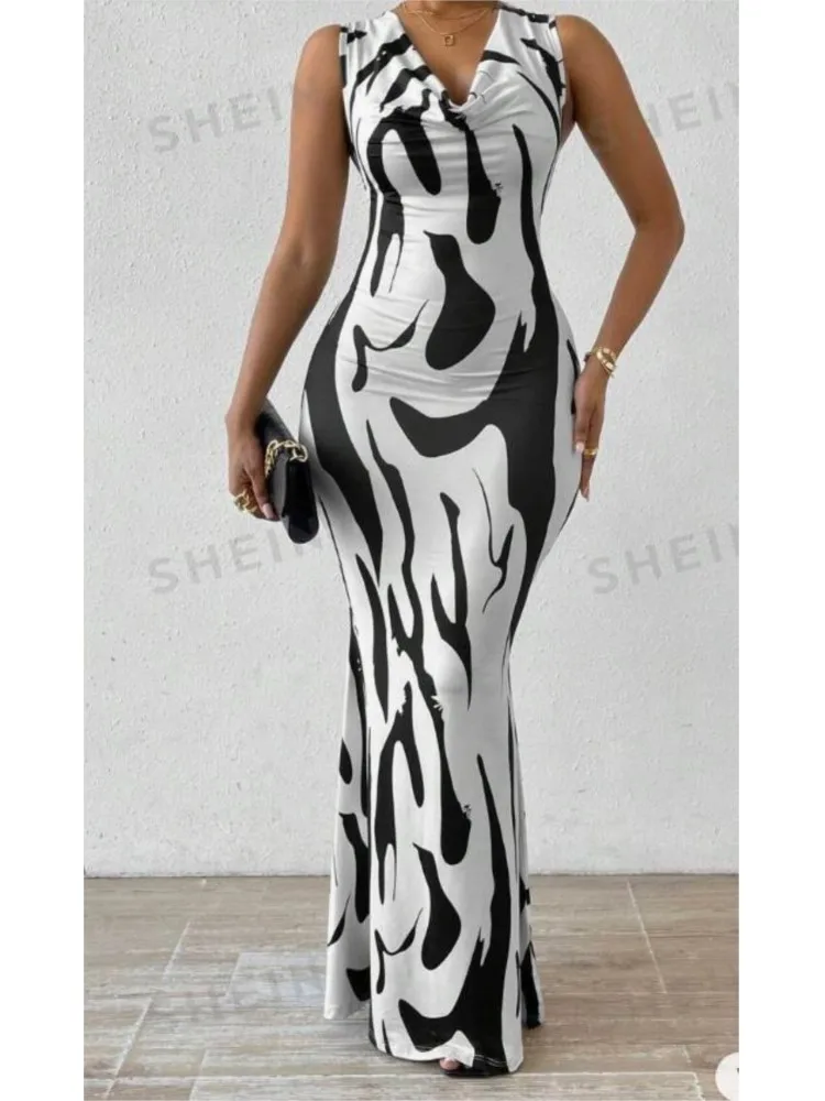 Seksowna damska sukienka Bodycon Pakiet Hip Długa sukienka Letni kołnierz z nadrukiem Bez rękawów Slim Skinny Casual Party Maxi Dress Femme Robe