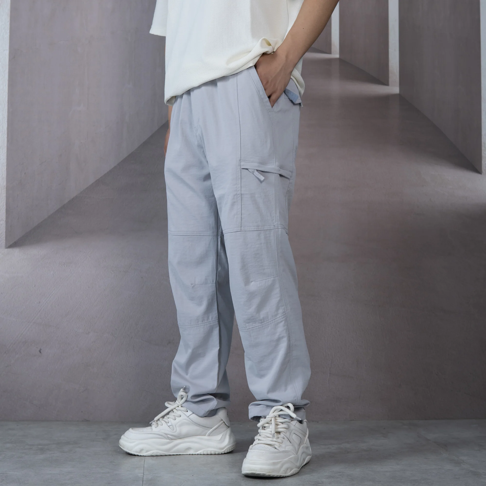 

Мужские повседневные свободные брюки для спецодежды Qui Dry, длинные брюки с несколькими карманами, эластичные манжеты, пояс на молнии, летние тонкие