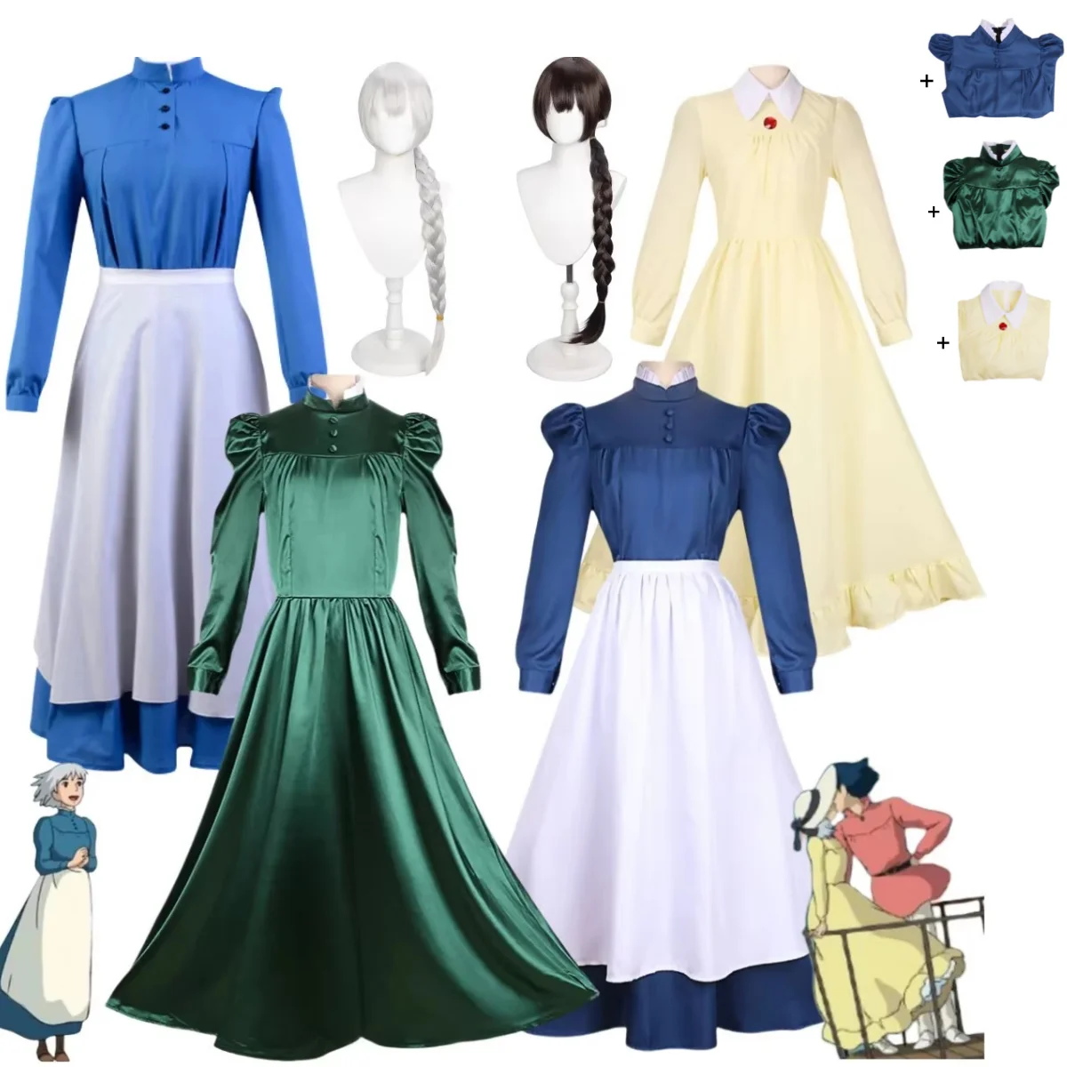 Película de Anime japonés Howl Sophie disfraz de Cosplay azul amarillo verde vestido de sirvienta delantal peluca mujer lindo traje de Carnaval de Halloween