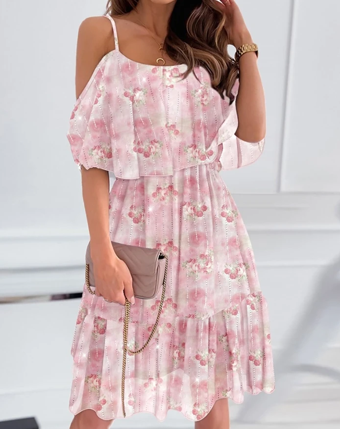 

Glitter Print Spaghetti Strap Ruffles Layered Sweet Dress for Women Elegant Women's Loose Dresses