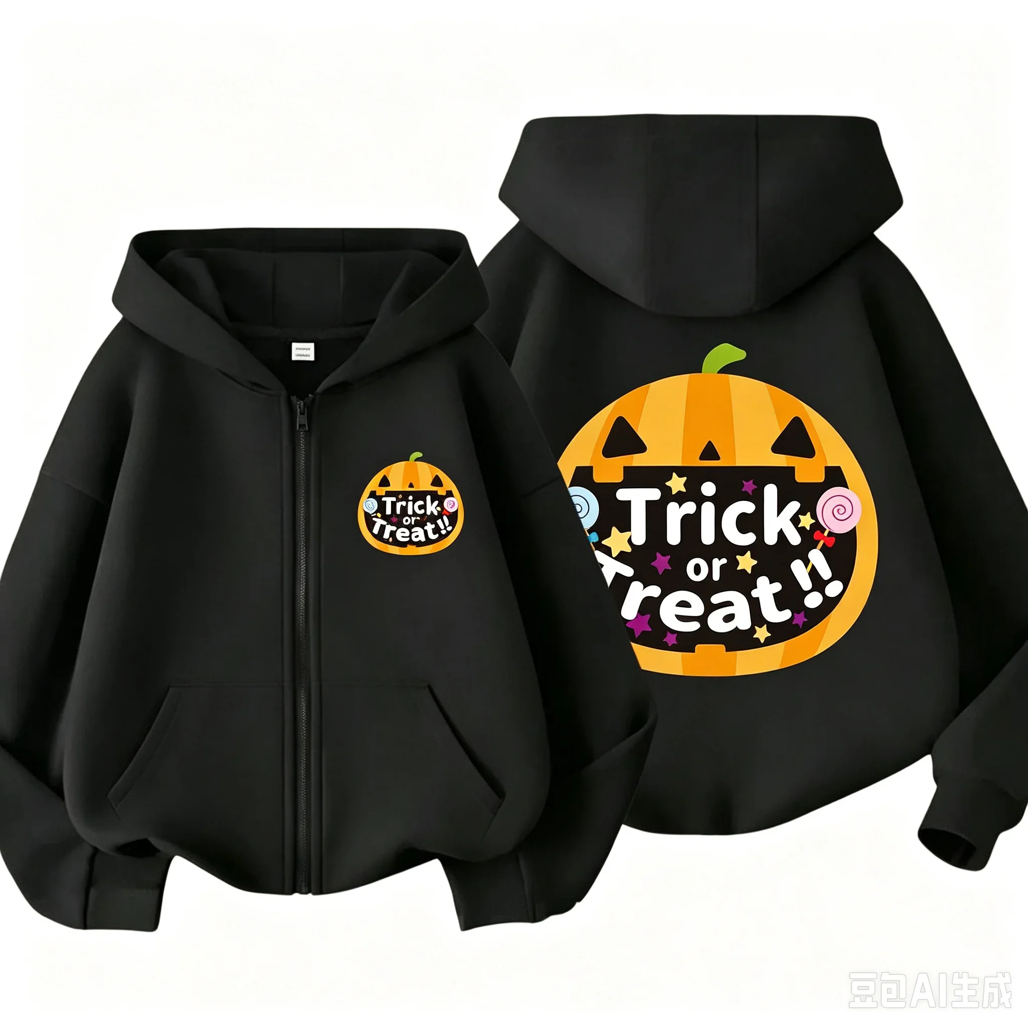 Boys Girls Zip Hooded Sweatshirt Halloween Trick Or Treat Pumpkin Candy Print Kids Long Sleeve Loose Casual Hooded Coat