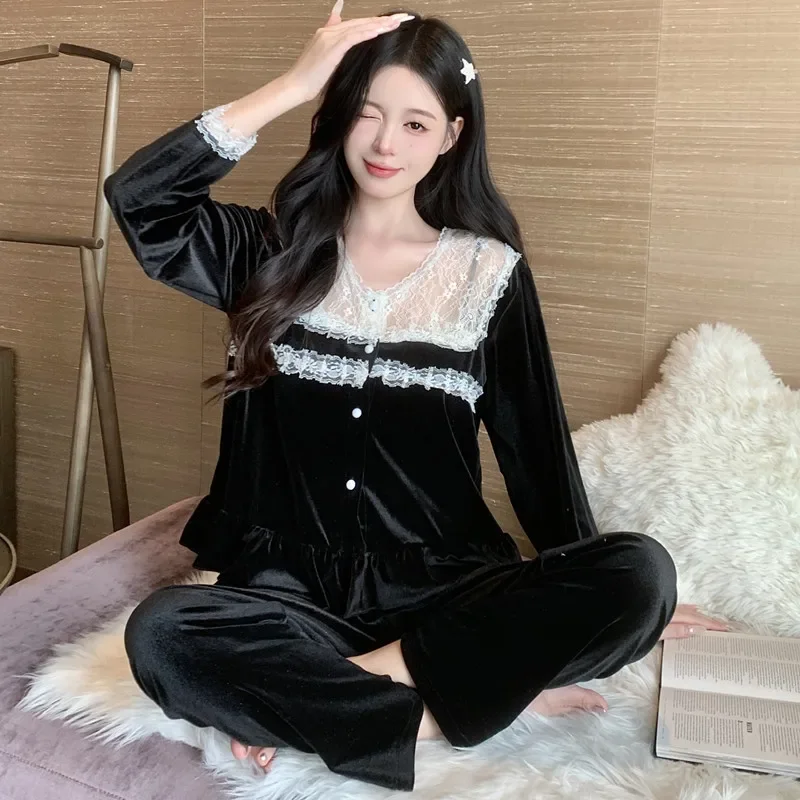 

Новые осенне-зимние пижамы, золотой бархатный пижамный комплект с длинными рукавами, черная кружевная домашняя одежда, пижамный комплект на бретельках, комплект из 3 предметов