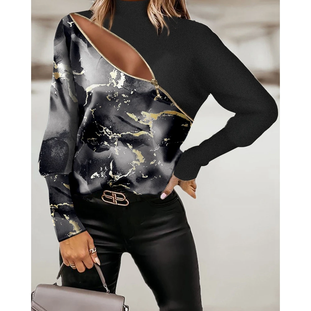 Mode Lente Herfst Vrouwen Tops Elegante Patchwork Sexy Rits Koude Schouder Tee Top Office Lady Streetwear T-shirts Kleding