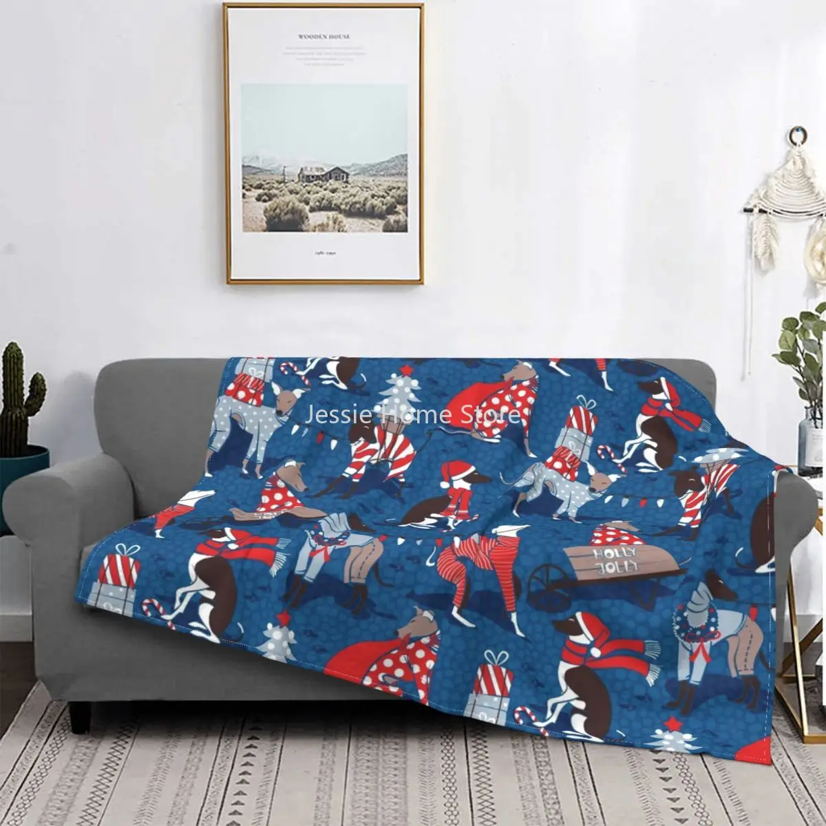 

Greyhounds Christmas Blue Background Blankets Flannel All Season Santa Warm Throw Blankets for Bedding Bedroom Bedding Throws