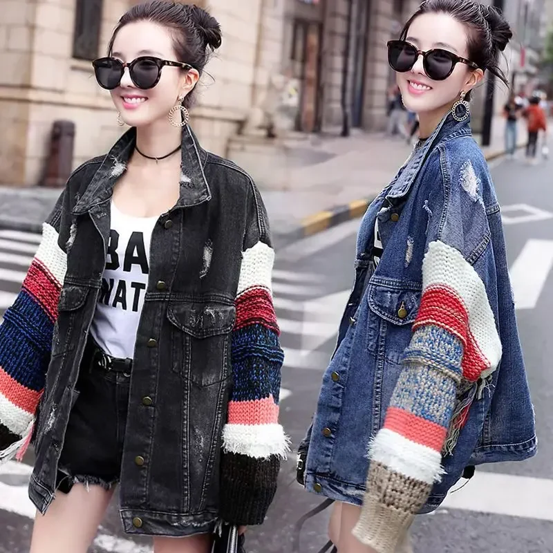 Outerwear Patchwork Spring Autumn Mix Color Fringe Denim Jacket for Women Blue Long Trench Woman Jean Coat 2024 Models Original