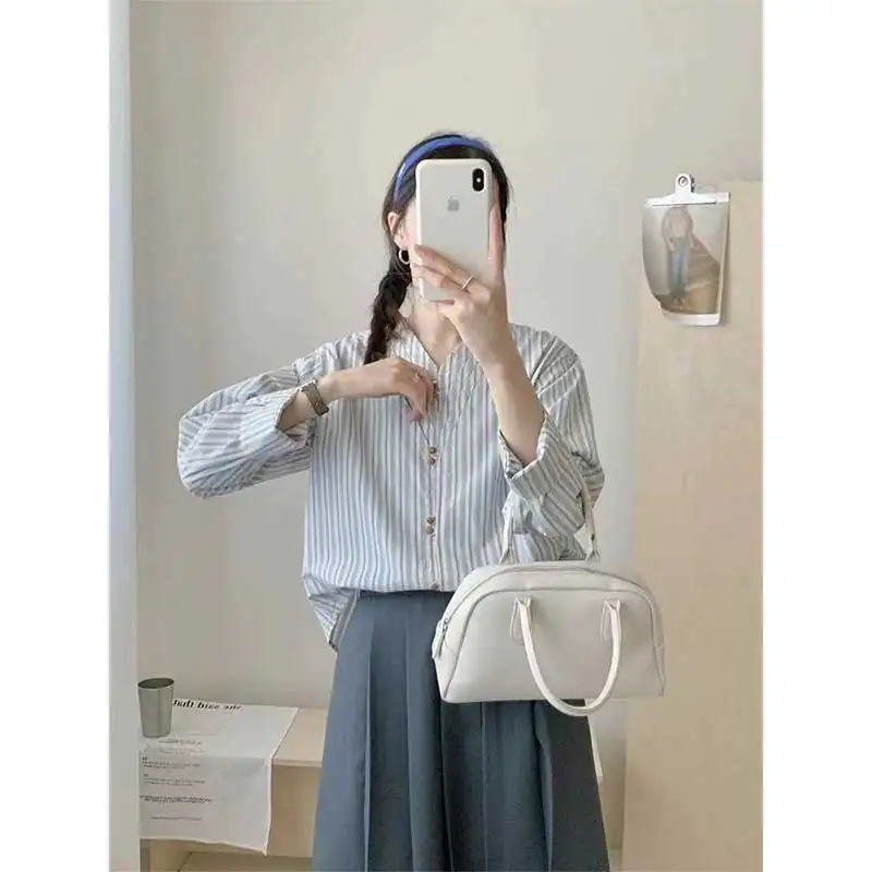 

Women Clothes Spring Autumn Fashion Casual Button Color Blocking V-neck Female Simplicity All-match Fashionable Long Sleeve Tops