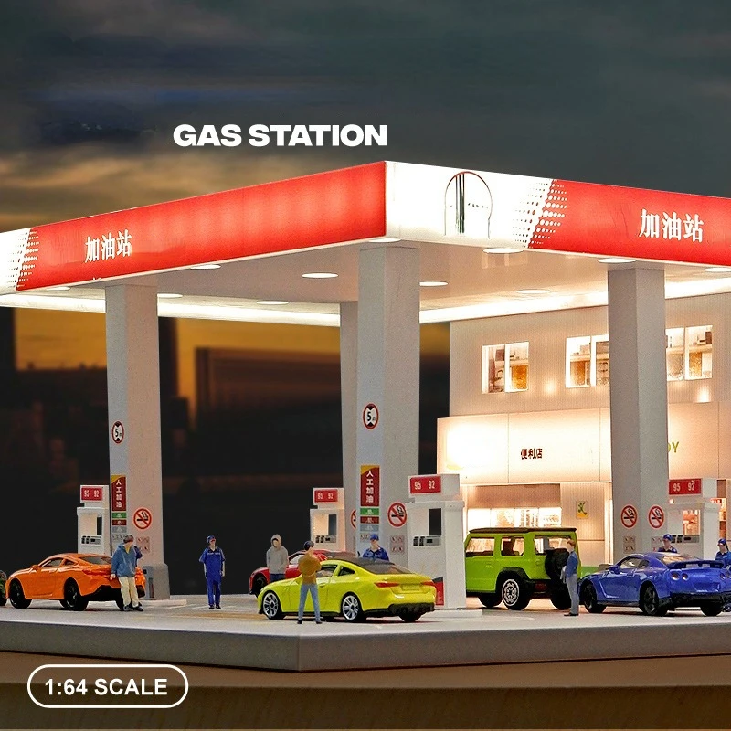 1/64 Scale Diorama Car Garage Model LED Lighting City Gas Station Backdrop Display Scene Model Collection Toy Gift