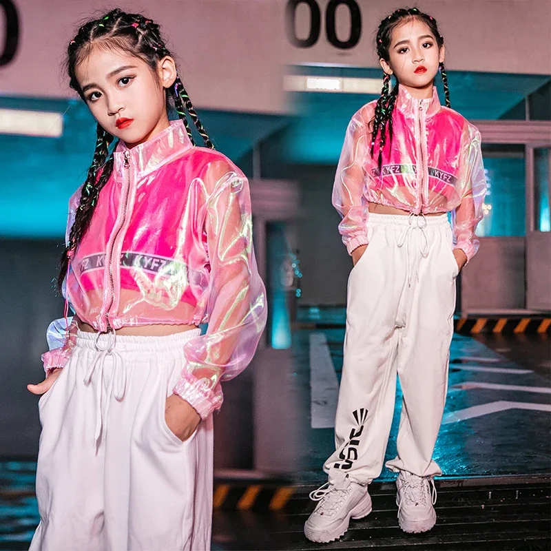 Ropa de actuación de Hip Hop para niños, disfraz de baile de Jazz para niñas, traje de Hip-Hop, Tops rosas, pantalones blancos