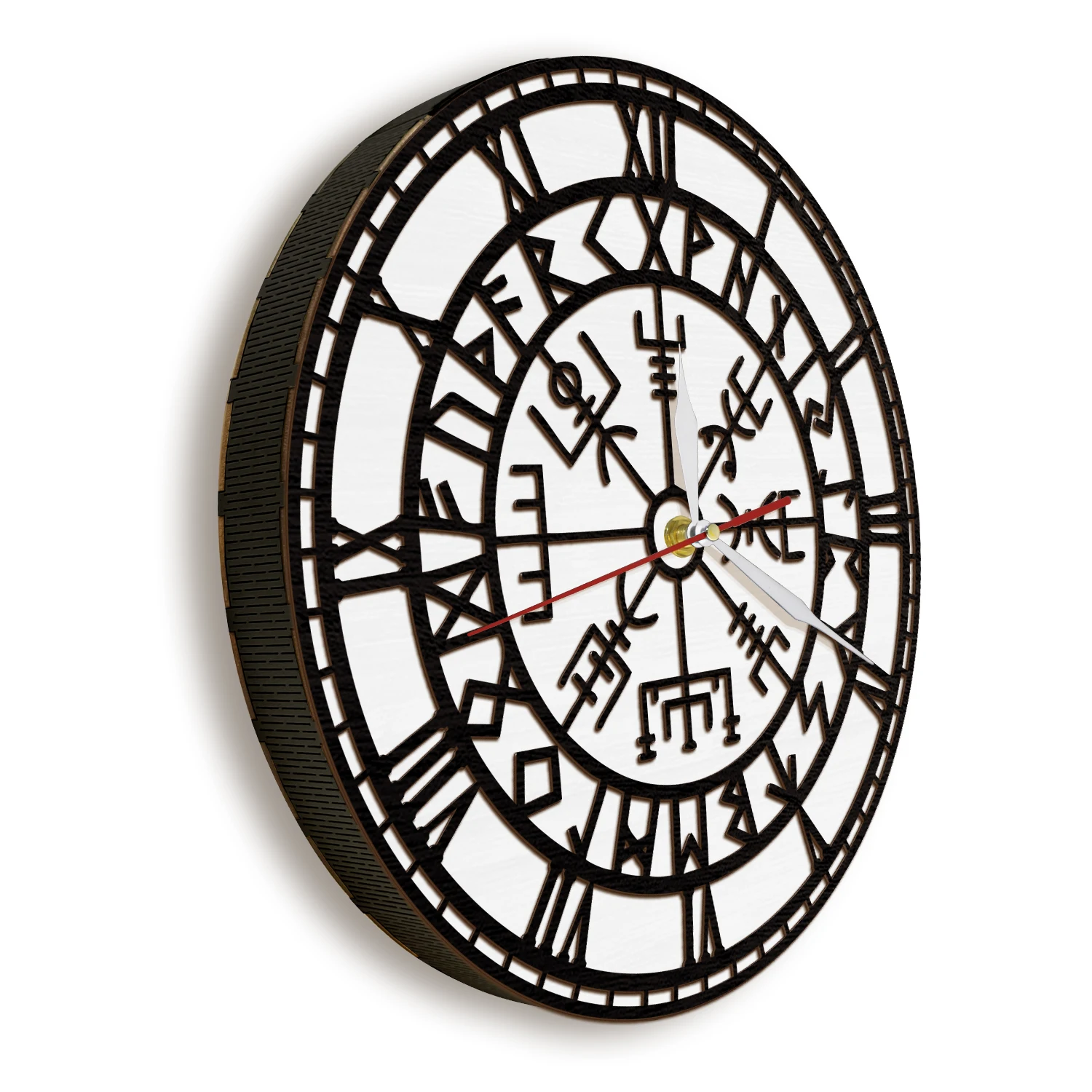 Norse Viking Wall Clock with LED Backlight Nordic Home Decor Vegvisir Runes Compass Art Wooden Wall Clock Vintage Roman Numerals