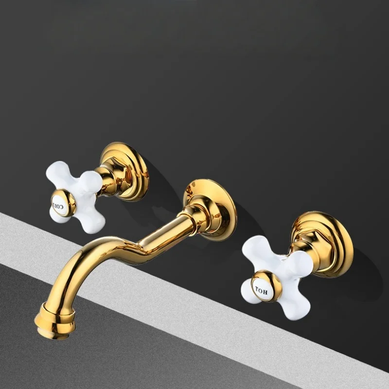 Gold In-wall Bathroom Faucet Total Brass Widespread Basin Faucet Black Sink Faucets 3 Hole Faucet Hot & Cold European Style