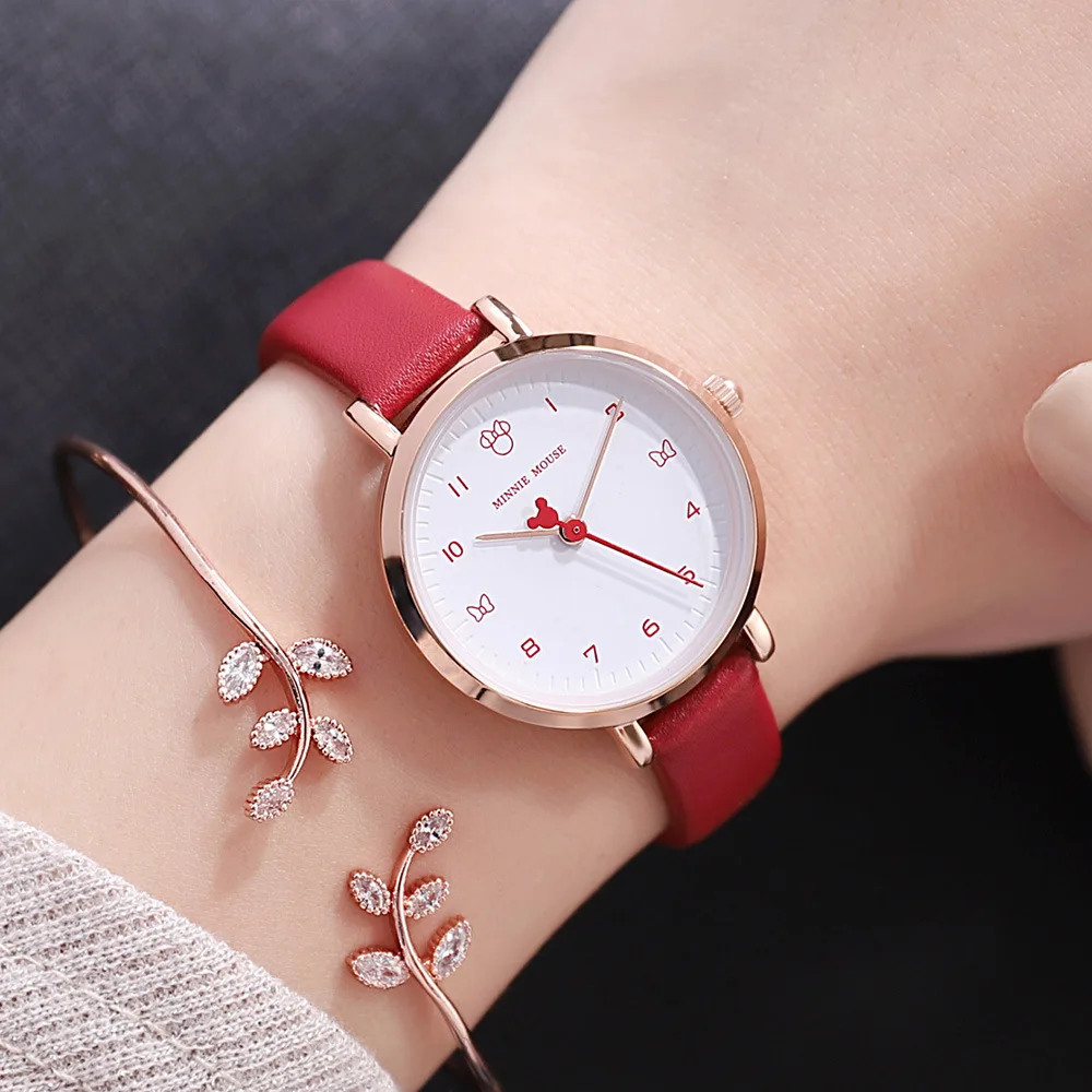 Disney Gift With Box Ladies Watch Mickey Mouse Genuine Leather Quartz Womens Clock Waterproof Fashion Relogio Feminino