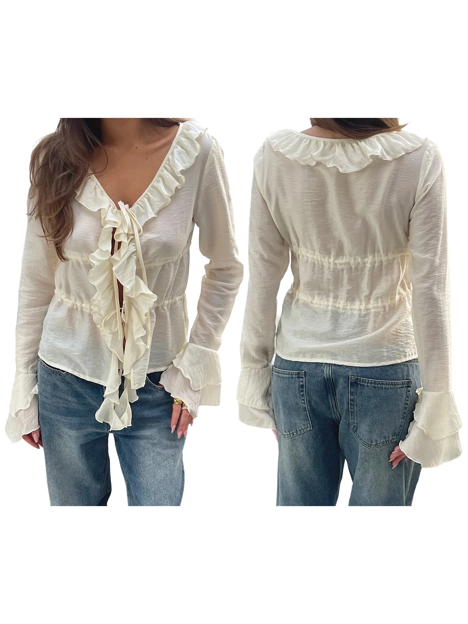 

Elegant Women s V-Neck Peplum Blouse with Flowy Front Bow Tie Long Sleeve and Ruffle Trim Detail for a Stylish Look