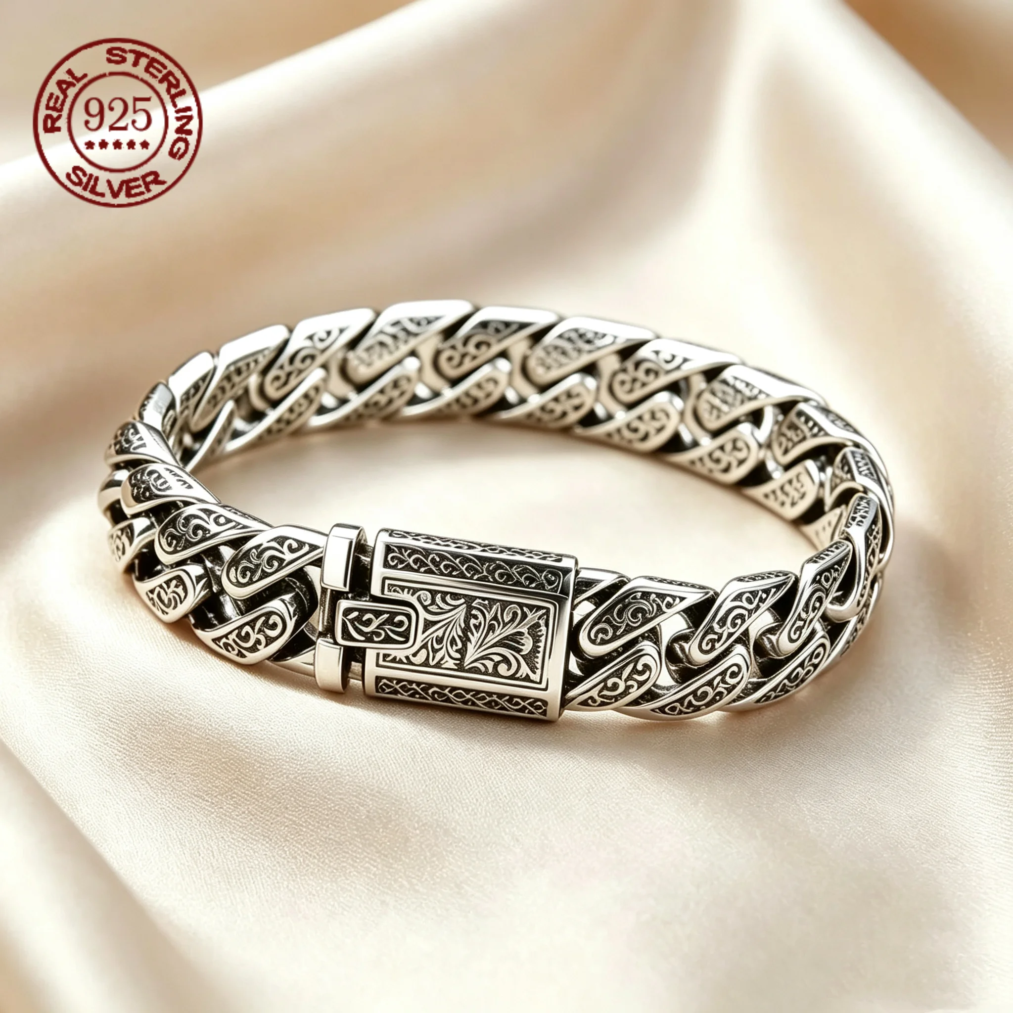 Vintage Engraved Chain Bracelet for Men S925 Silver Retro Gothic Scroll Pattern Cuban Link Biker Bracelet Punk Rock Jewelry Gift