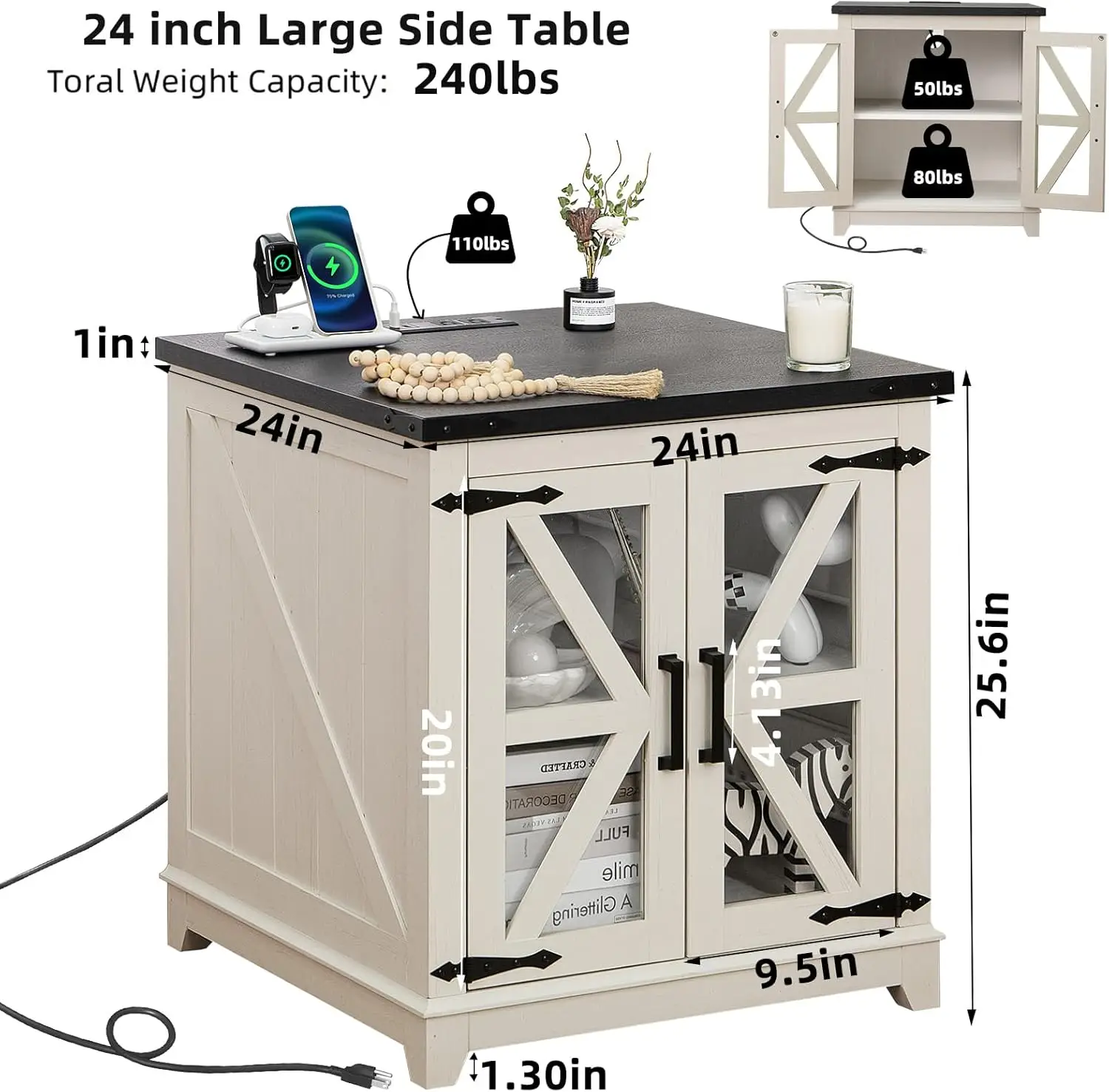 Mesa auxiliar de granja con estación de carga, mesa auxiliar grande para sofá de 2, 24 pulgadas con puerta de granero de vidrio, mesita de noche blanca con ajustable