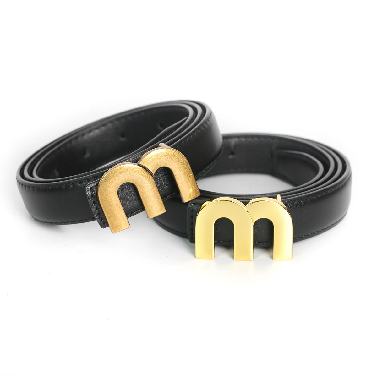 

2pcs Black Narrow Luxury Designer Brand Vintage M Belt High Quality Women Genuine Real Leather Dress Strap for Jeans 2.3cm