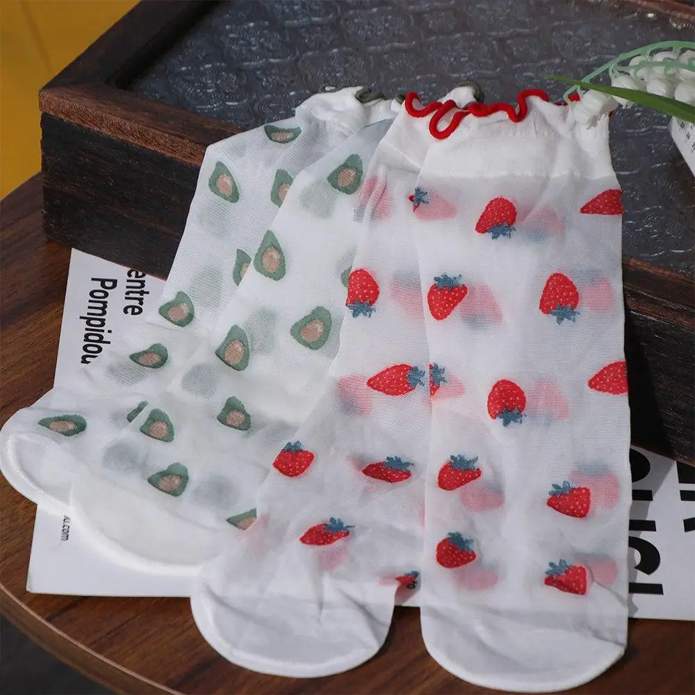 Peach Strawberry Glass Silk Ruffle Socks Cherry Avocado Transparent Flower Ruffle Socks Ultra Thin Ins
