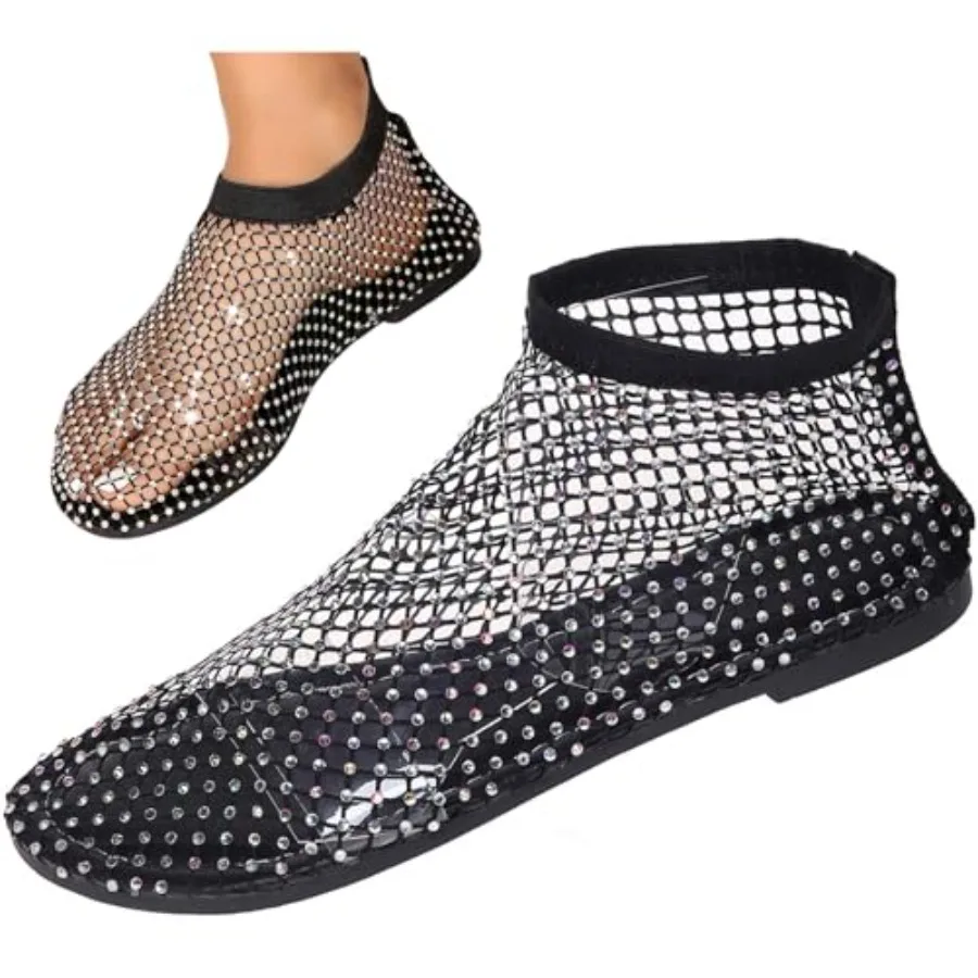 

Comfortable Shiny Gem Mesh Flats for Women, Fishnet Sandals Women's Flats Summer Fishnet Sandals with Low Heel Slip On Rhinesto