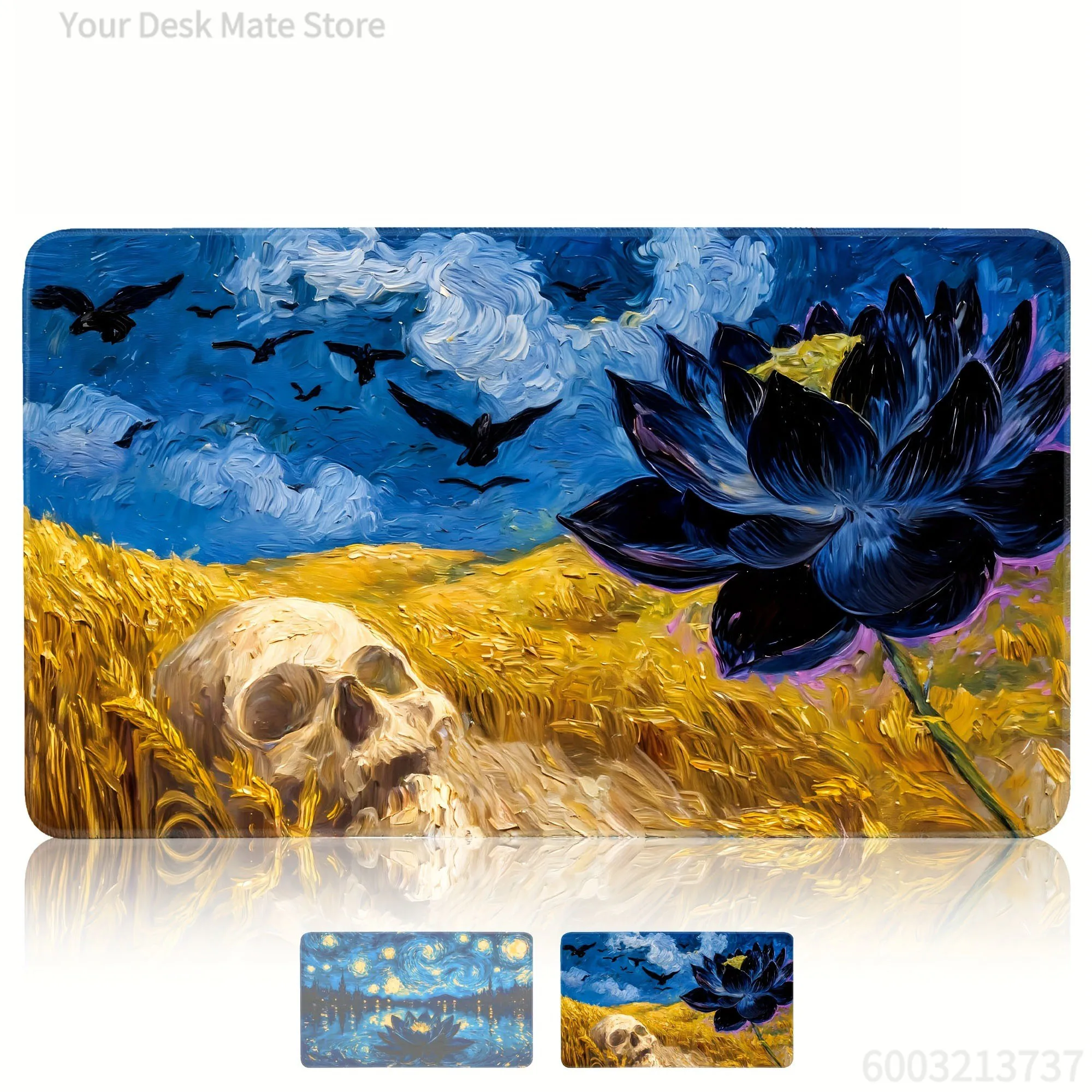 1 Stück Van Gogh-Stil Schwarzer Lotus Totenkopf Kunst Große MTG Spielmatte mit Verriegelungskante Rutschfeste Gummi-Schreibtischmatte für TCG Kartenspiel