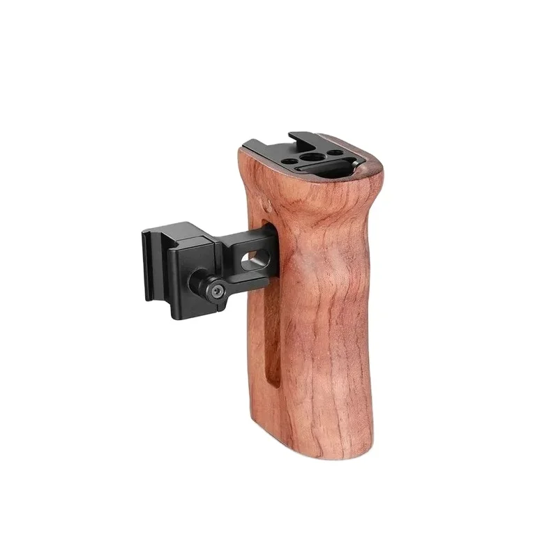 2026 2187B Quick Release NATO Side Handle with Wooden Grip 1/4 3/8 Thread Holes Cold Shoe Mount for DSLR Camera Cage