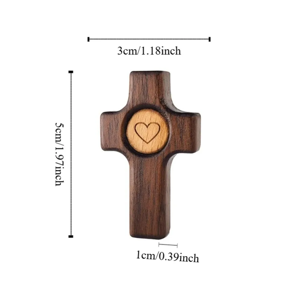 2 Piece Crafts Black Walnut Easter Pocket Cross Heart Pattern Mini Handheld Wooden Cross Comfort Holding Thumb Cross Church