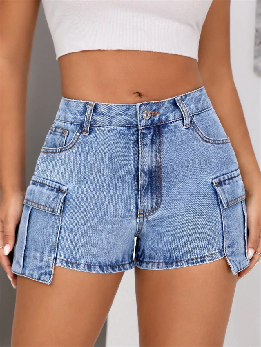 

Benuynffy American Retro Washed Cargo Jean Shorts Female Mid Waisted Slim Fashion Summer Denim Shorts For Women Streetwear