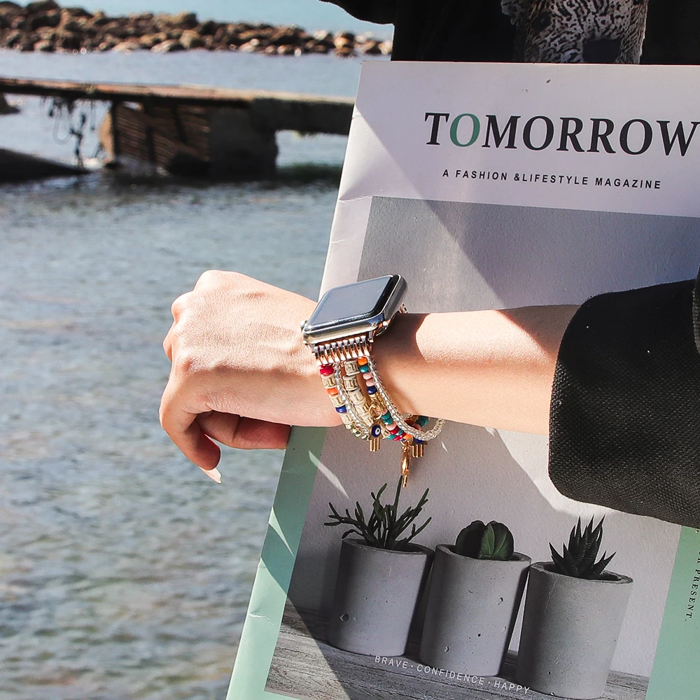 สายรัดข้อมือสำหรับ Apple Watch ขนาด 49 มม. Ultra 2 40 มม. 38 มม. 41 มม. สายรัดแบบยืดหยุ่นประดับลูกปัดสำหรับ iWatch Series 9 8 7 6 5 4 3 SE