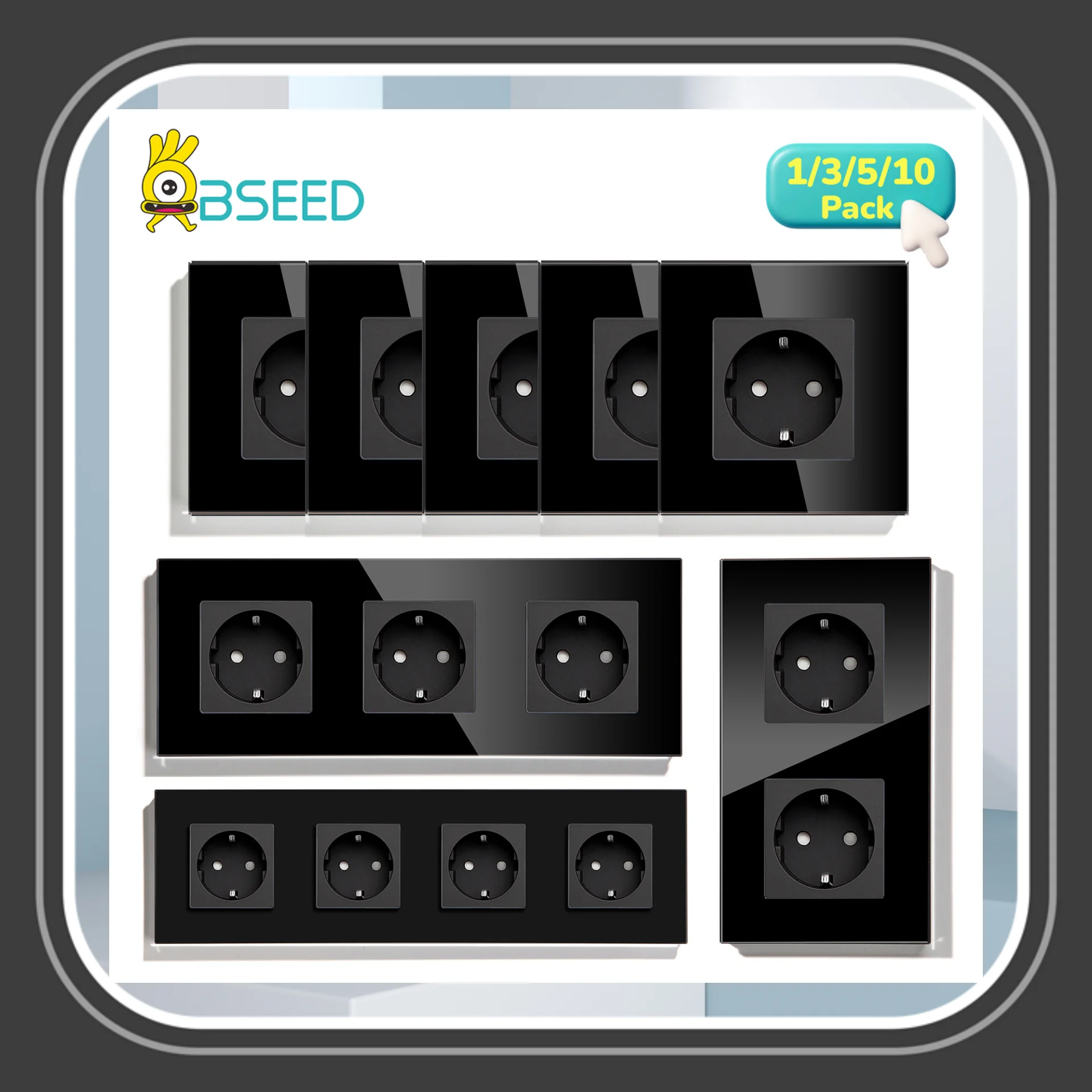 Image of BSEED EU-Standard Wandsteckdosen Einzelsteckdose Doppelsteckdose Dreifachsteckdose Vierfachsteckdose Glas-Steckdosen Schwarz