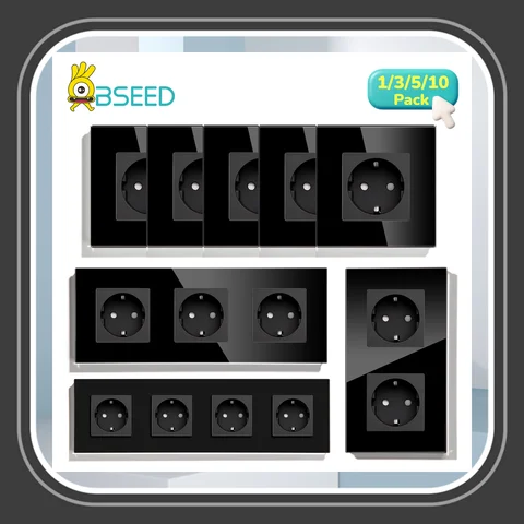 BSEED EU Standard Wall Sockets Single Power Socket Double Sockets Triple Wall Sockets Quadruple Glass Sockets Plug Black