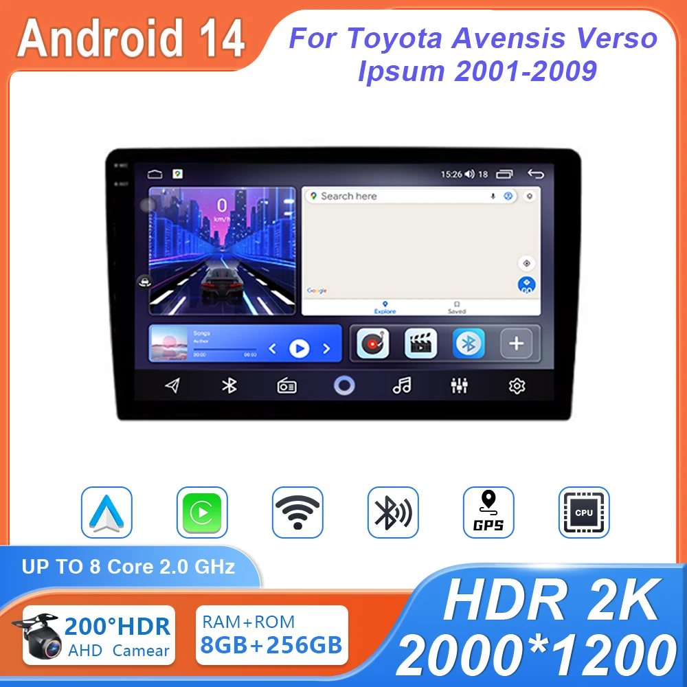 

For Toyota Avensis Verso Ipsum 2001-2009 Android 14 Car Radio Stereo Multimedia Video Player GPS Navigation QLED Screen 4G WiFi