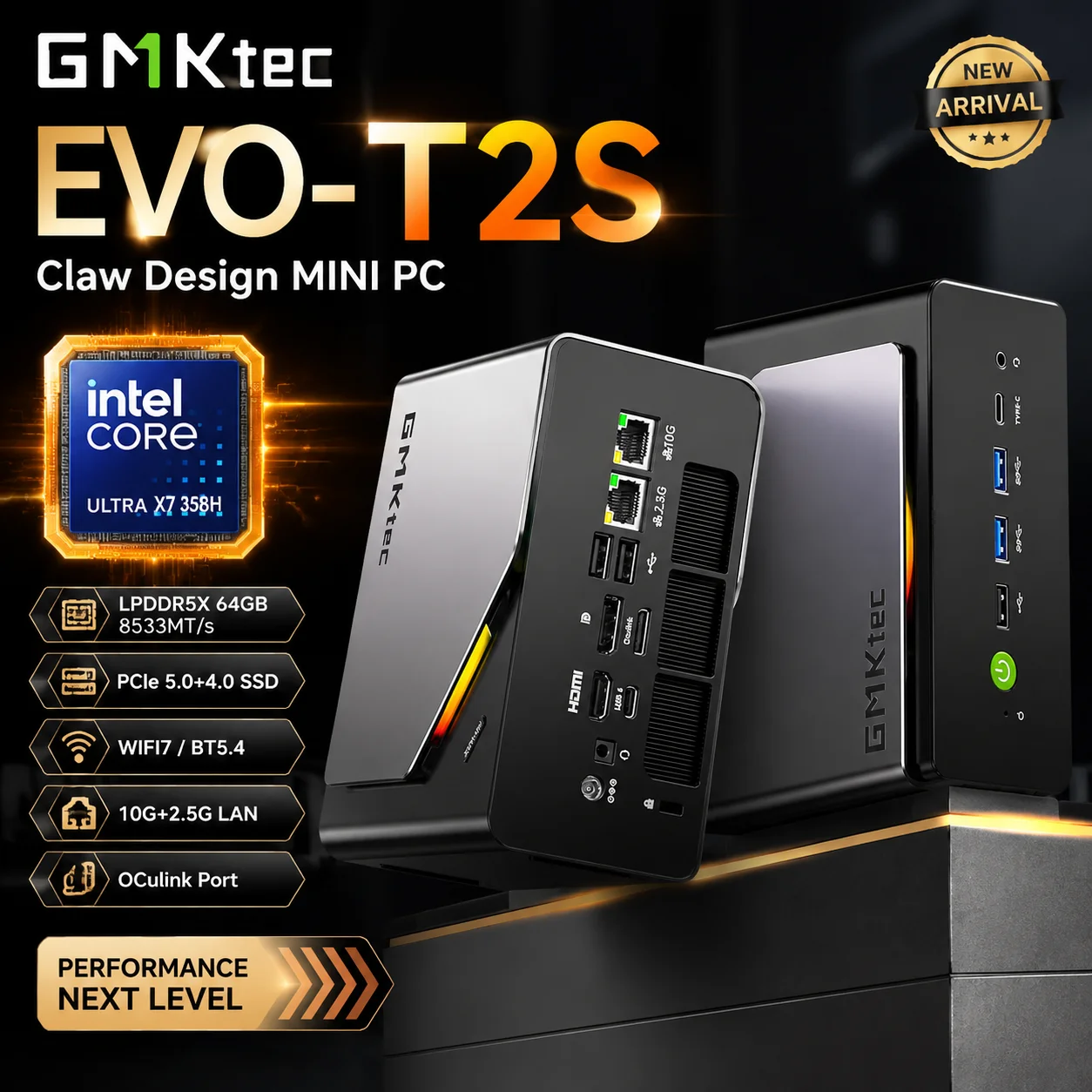 GMKtec Claw EVO-T2S AI PC Intel Core Ultra X7 358H 64GB LPDDR5X RAM PCIe SSD OCuLink 10GbE LAN WiFi 7 Windows 11 Pro Computer