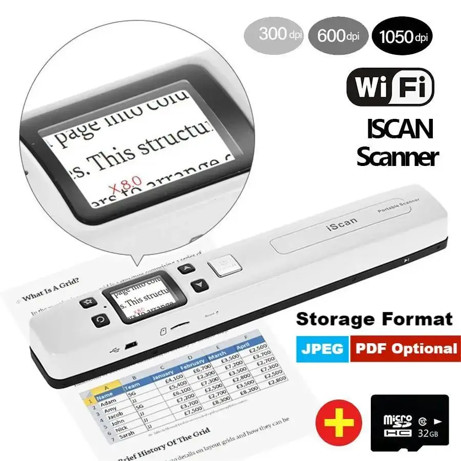 A4 WIFI Scanner IScan HD Color LCD Screen With SD Card 16G 32G 1050 DPI CIS Scanning Document Photo Image Storage Format JPG/PDF