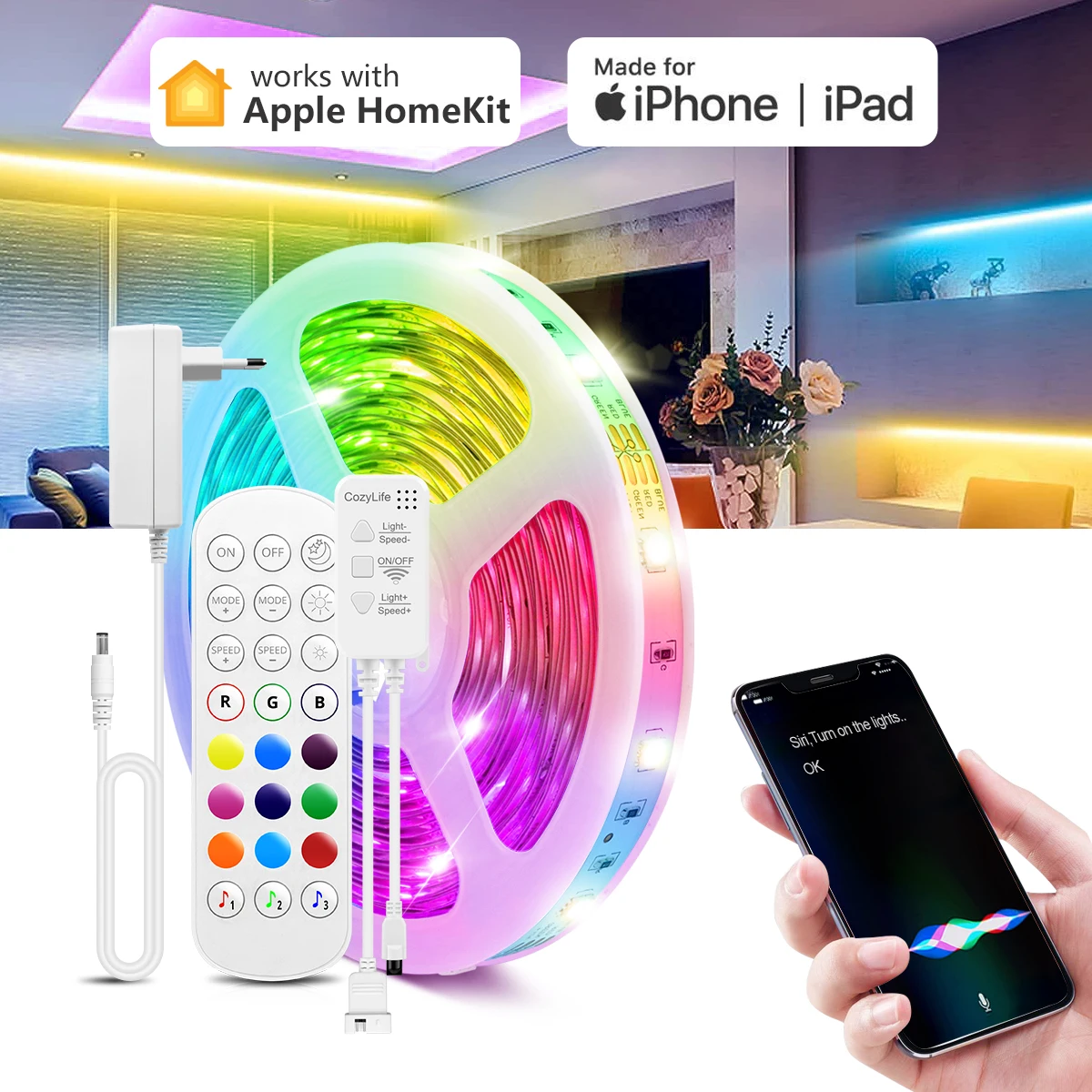 

5M/10M15M/20M Homekit RGB LED Strip Light 18LEDs/M WiFi Siri Voice Control Neon Tape For Amazon-Alexa Echo/Google Home Assistant