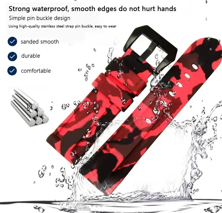 Универсальный силиконовый ремешок для часов 20 мм, 22 мм, 24 мм, 26 мм, камуфляжный резиновый браслет, спортивный сменный ремешок для часов Panerai, браслет