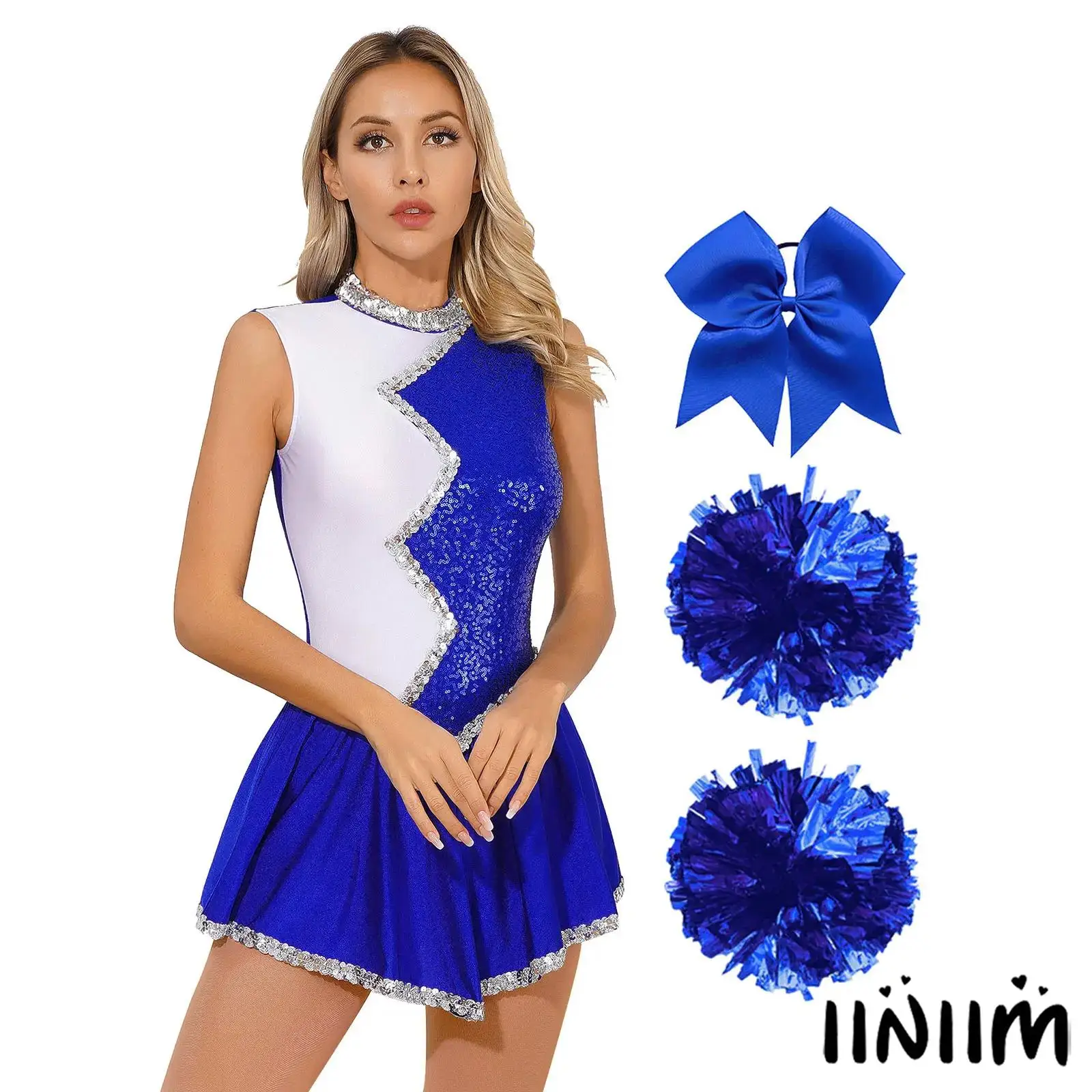 

Women Cheer Leader Costume Outfits Carnival Dance Themed Party Cheerleading Uniform with Pom Poms Cosplay Schoolgirl Dancewear