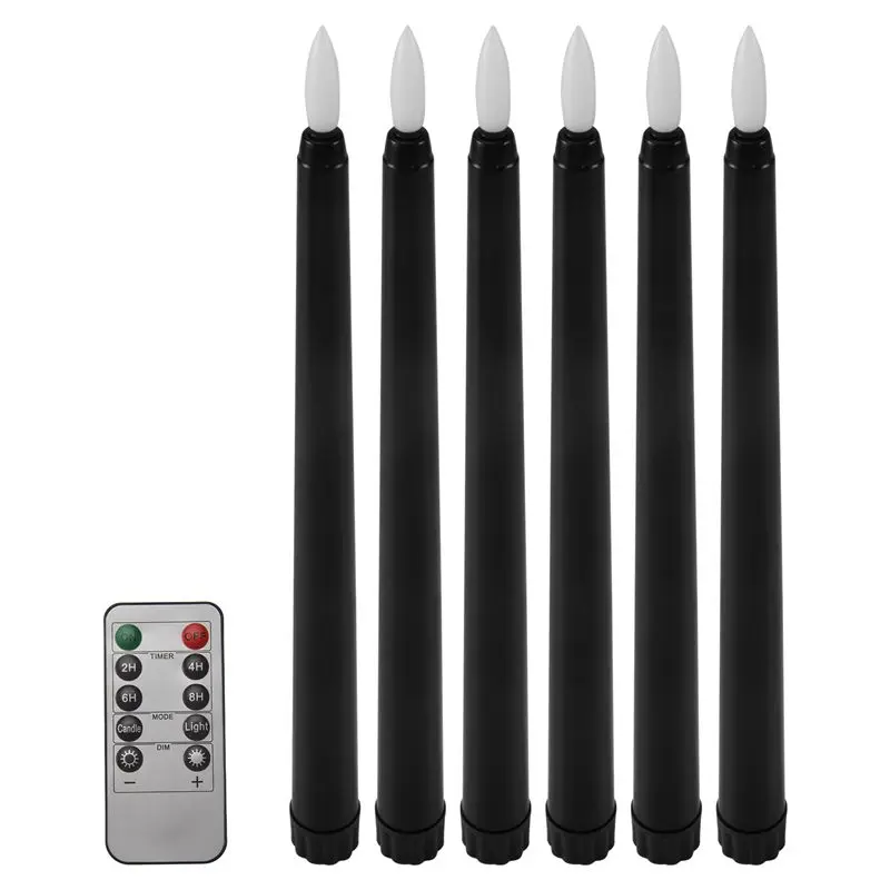 Pack Of 6 Remote Halloween Taper Candles,Black Color Flameless Fake Pillar Candles,Battery Candles With Contain