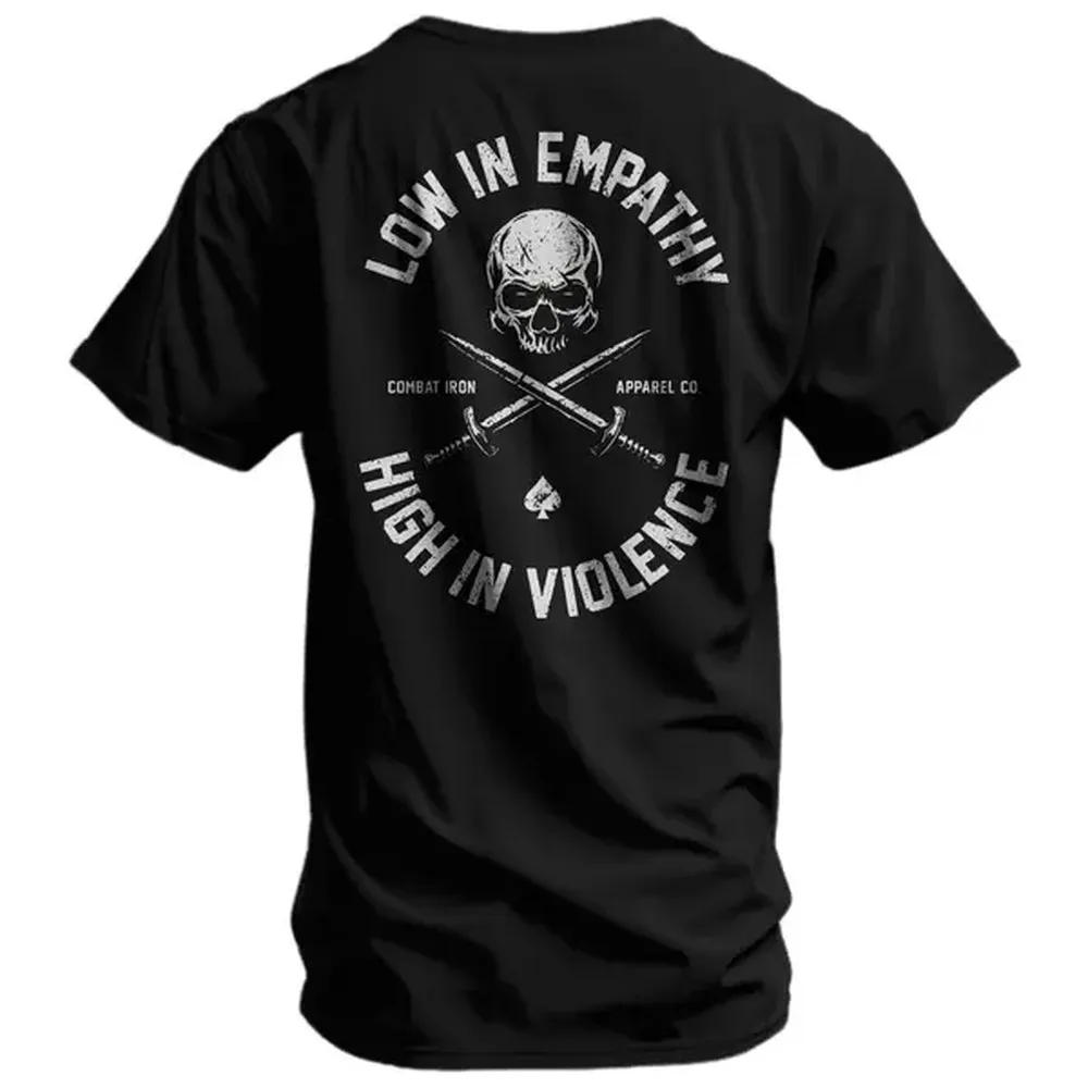Camiseta para Hombre "Baja en Empatía, Alta en Violencia" – Camiseta Táctica con Gráficos Militares de Combat Iron Co, Camiseta con Mentalidad de Veterano Alfa, Ropa de Operador Patriota para Estilo de Vida 2A