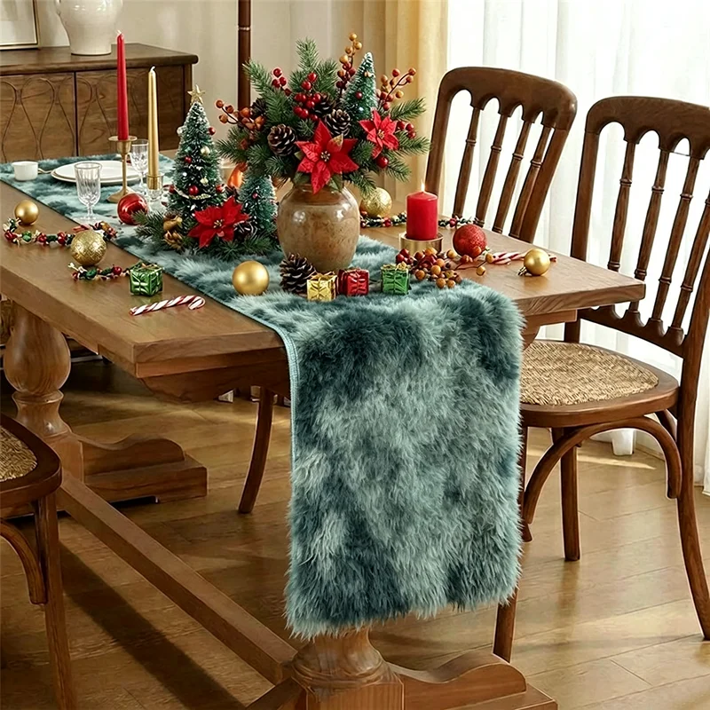 Plush Table Runner Dark Green Faux Fur Fleece for Dining Table Christmas Non Slip Backing Machine Washable Gift