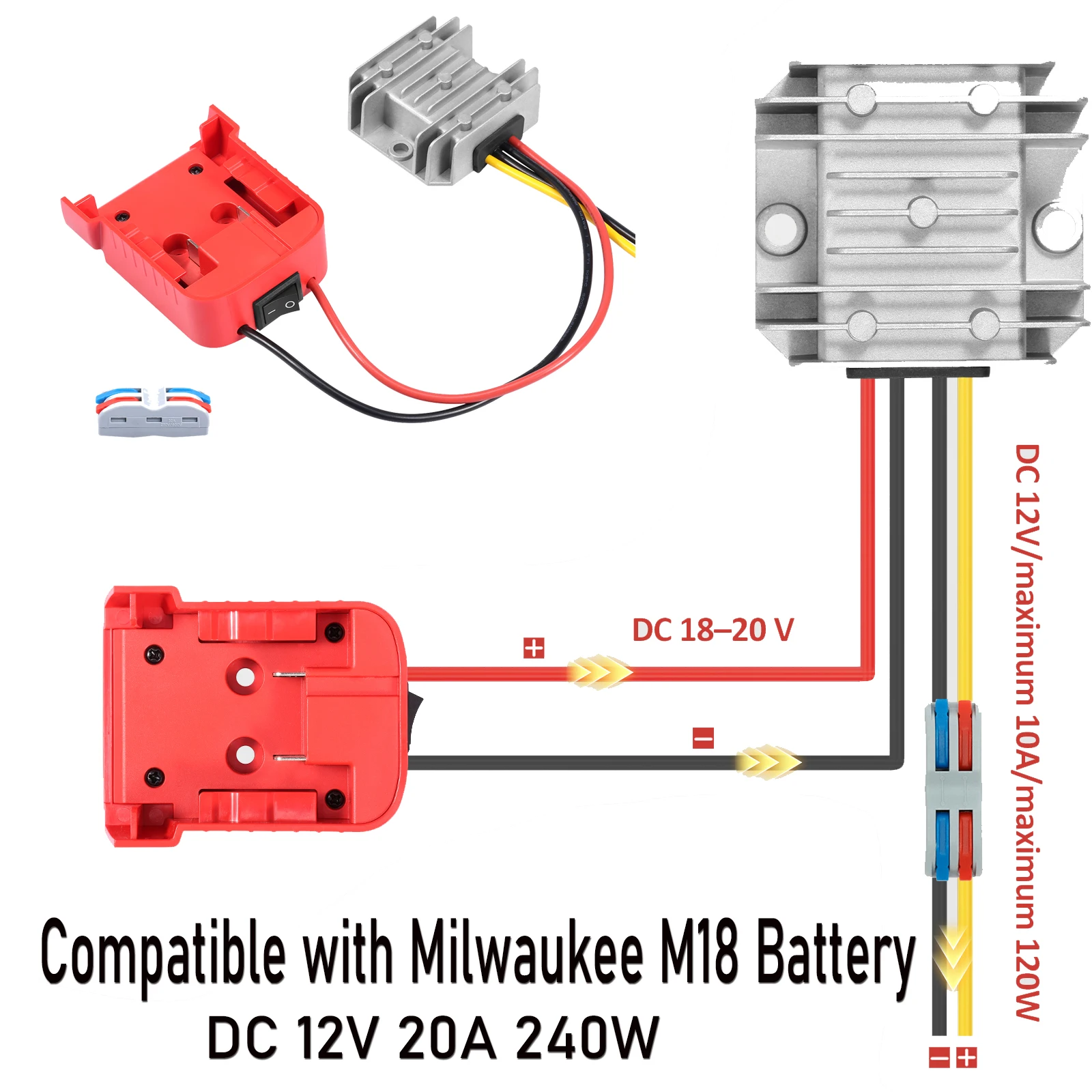 

18v to 12v Step Down Converter Compatible with Milwaukee M18 Battery Adapter DC 12V 10A 120W Buck Converte Over Discharge Protec