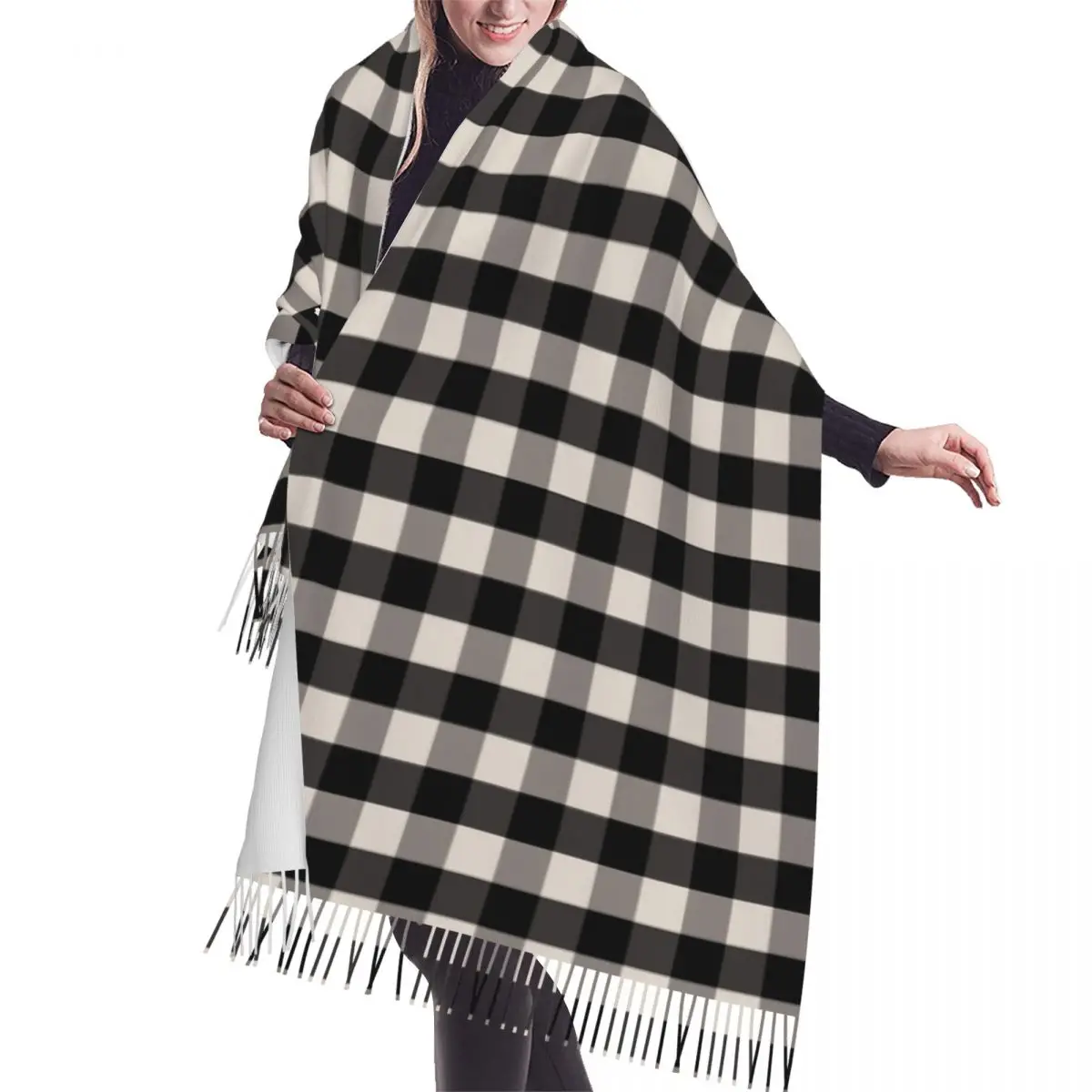 

French Toile De Jouy Checkered Off White Tassel Scarf Women Winter Warm Shawls Wraps Female Traditional France Art Scarves