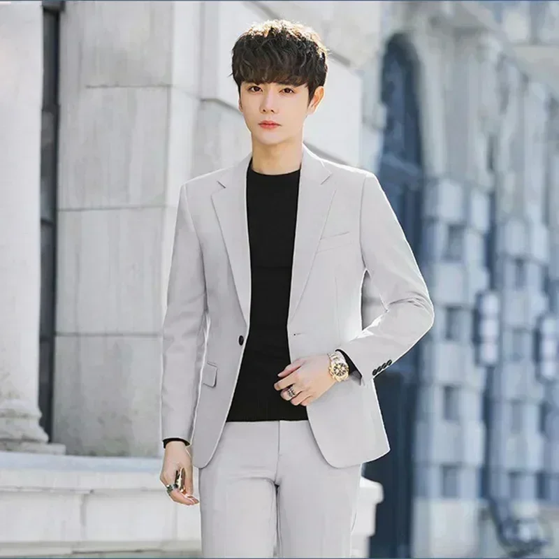 S-6XL Men\'s Business Casual Suit Korean Style Trendy Slim Fit 2 Piece Set Solid Color （Blazer+ Pants )Groom Wedding Dress Party