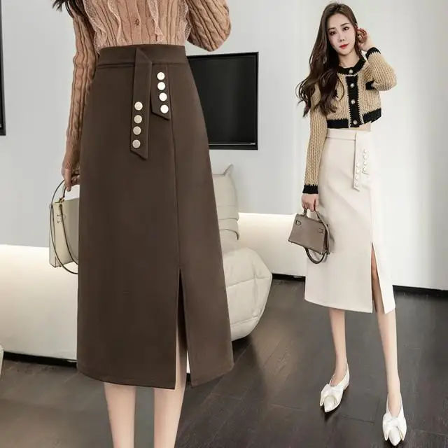 Professional Woolen Skirt Women Autumn Winter Slit Hip-pack Skirt Fashion