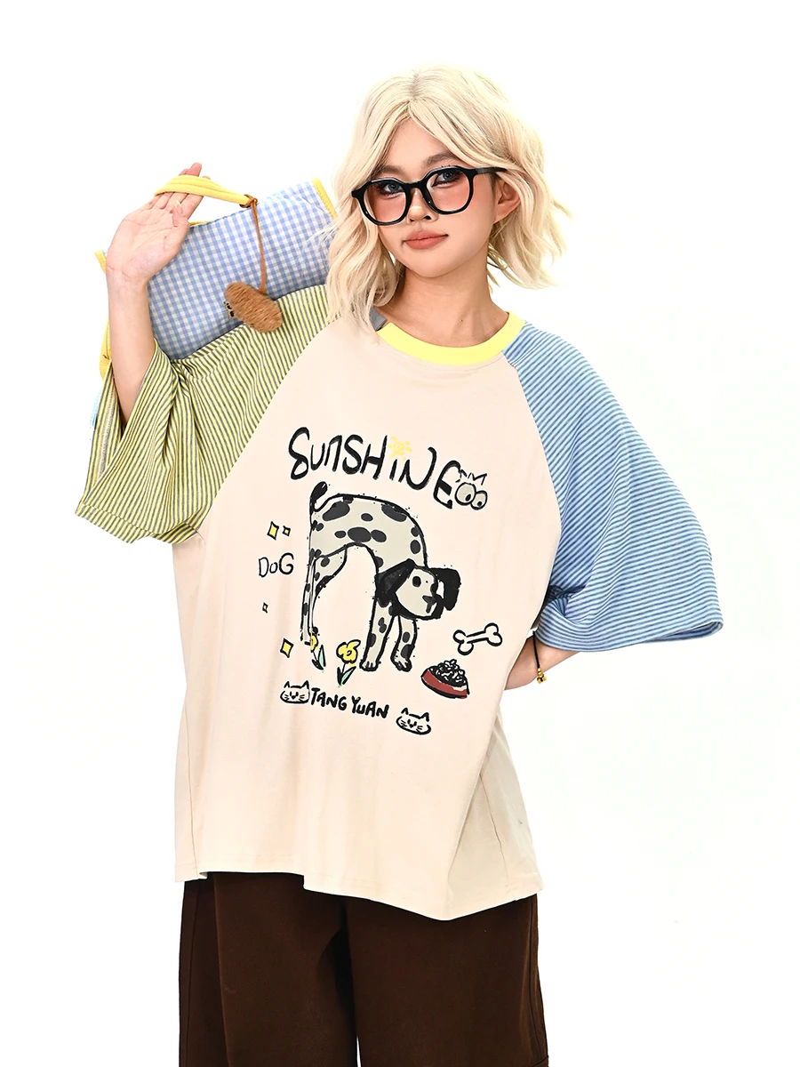 

Summer New Loose Women's ort Sve T-irt Patchwork Stripes Dog Pattern Street Sle round Ne Casual Top for Ladies