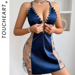 Toucheart Sexy Pajamas Lace Embroidered Jumpsuit For Women Sexy See-Through Deep V-Neck Suspender Sleeveless Backless Nightgown