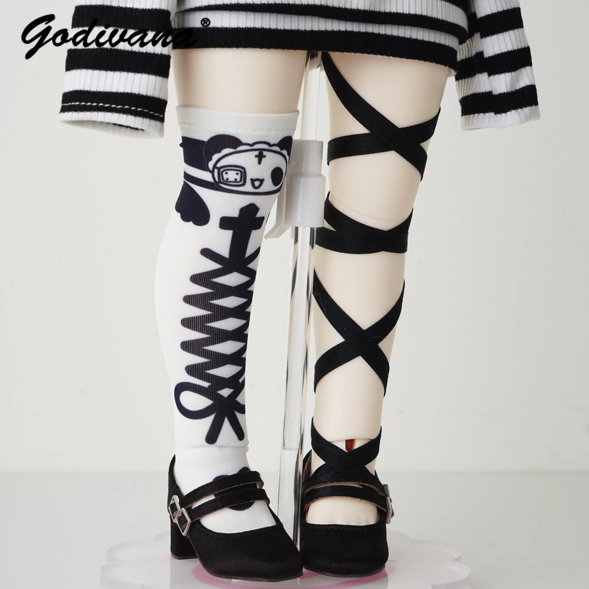 1/4 Msd Mdd Y2K DFH Dark Style Doll Accessories Cute Bear Printed Knee High Socks and Black Strap Leg Bands for 1/4 BJD Doll