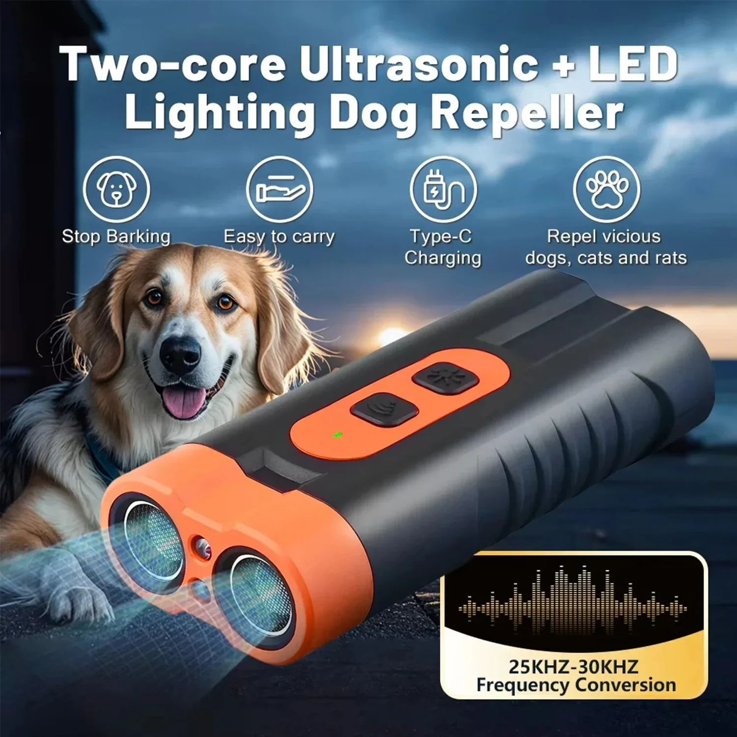 Dual Head Ultrasonic Dog Repeller USB Rechargeable High Power Anti Bark Training Device With LED Flashlight
