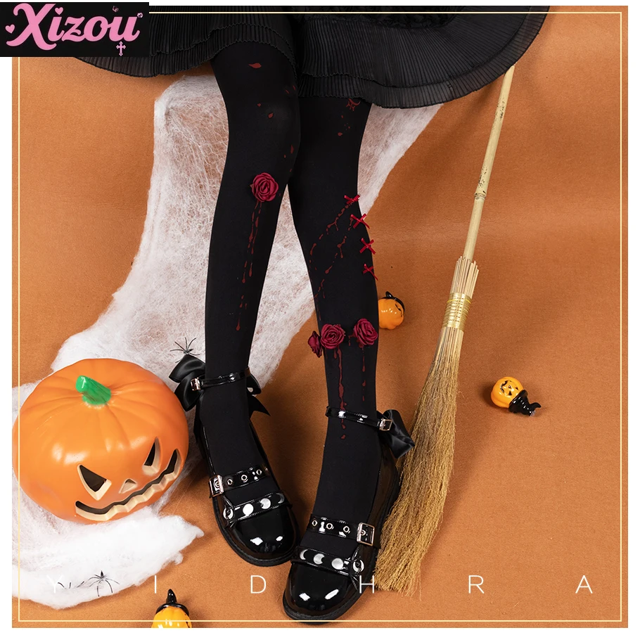 

Japanese Original Lolita Halloween Dark Goth Sweet Cool Girl Pantyhose Tea Party Lo 3D Bow Rose Pantyhose for Women with Skirt
