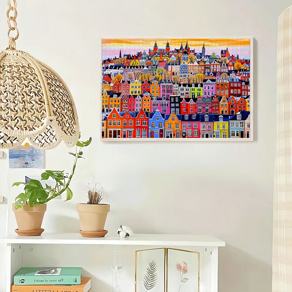 1000 stuks puzzel voor volwassenen - levendig stadsgezicht met kleurrijke gebouwen en herfstbomen, grote familieactiviteit, hersenen