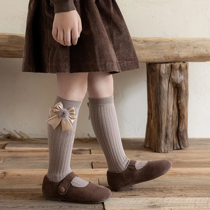 2025 جديد الفتيات جوارب طويلة إلى الركب بلون الكورية نمط القوس ديكور الأطفال الجوارب ربيع الخريف 3-8Y الاطفال موضة منتصف العجل الجوارب #3