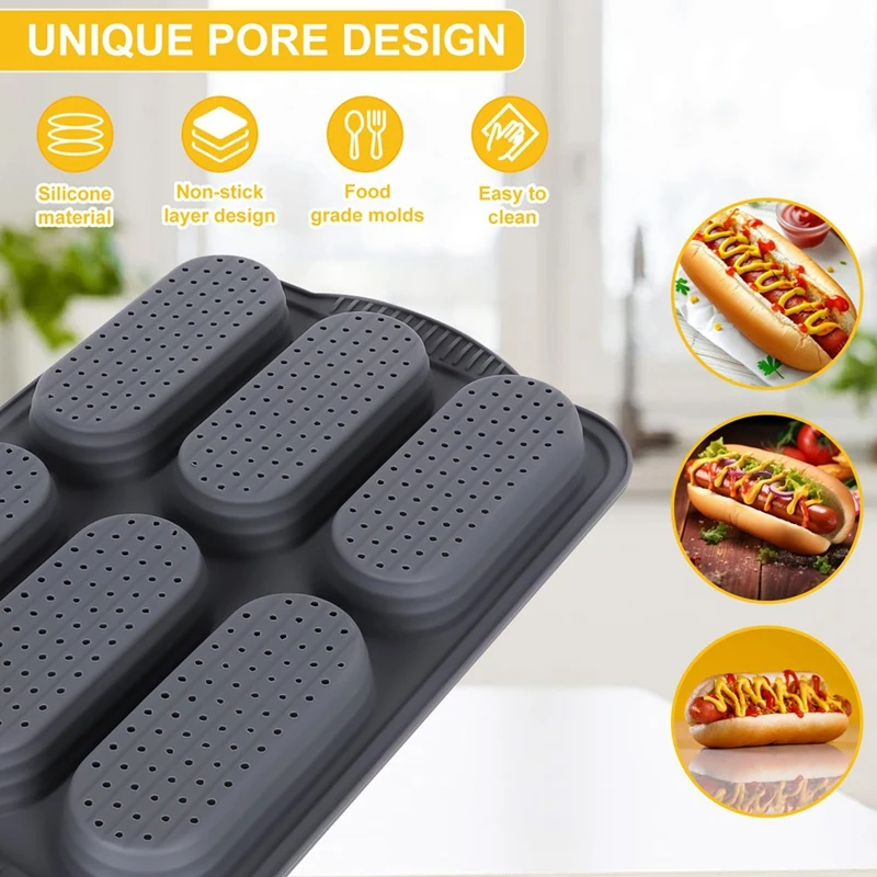 Silicone Pan, Hot Dog Bun Pan with Oil Brush,6 Gutter Nonstick French Bread Bake Mold, French Bread Loaf Pan for Hot Dog-A07G